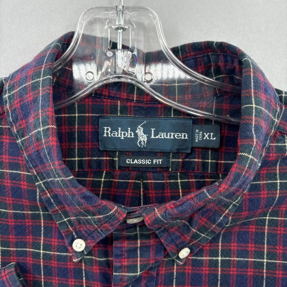 Ralph Lauren Shirt Mens‎ XL Blue Red Plaid Flannel Tartan Button Oxford Vintage